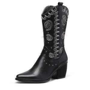 Women Western Cowboy Boots Cuban heel Pointed Toe Zip Up Pull On Mid Calf Boots